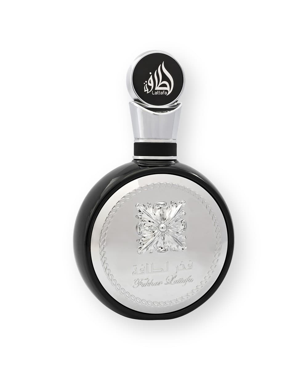 Lattafa Fakhar Black fragrance bottle, front view