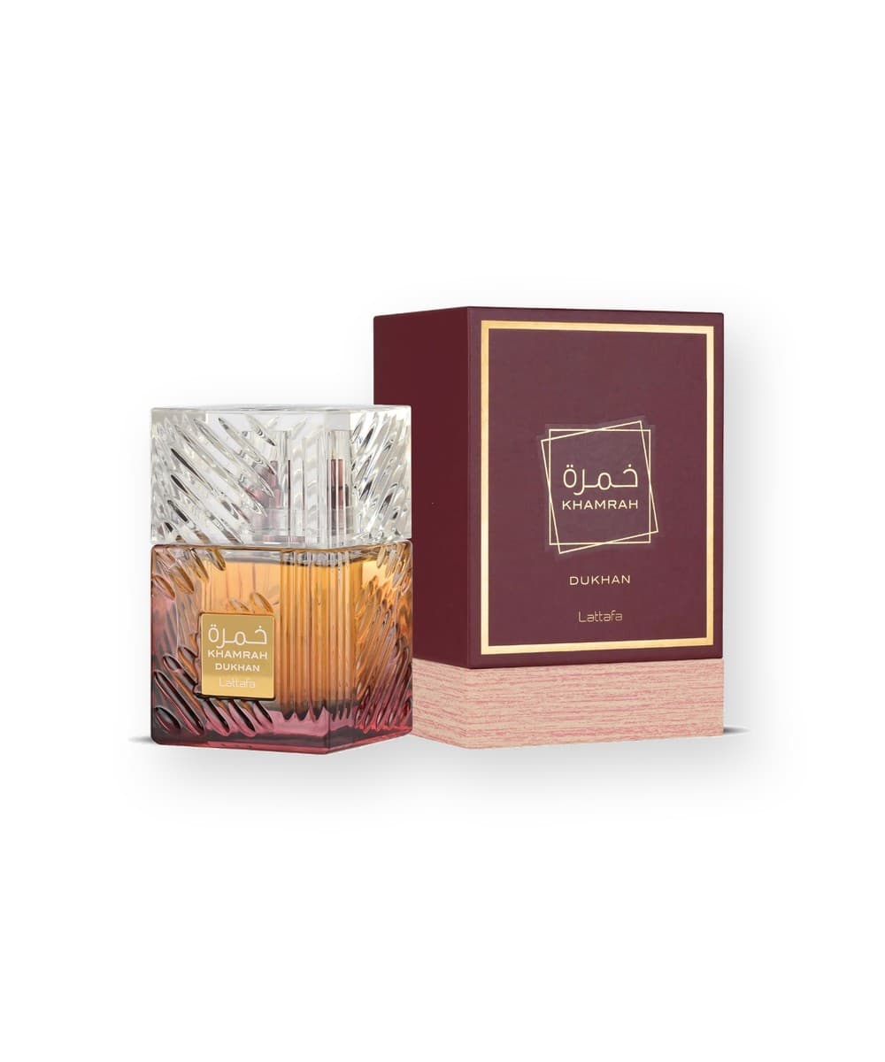 Lattafa Khamrah Dukhan fragrance bottle, front view