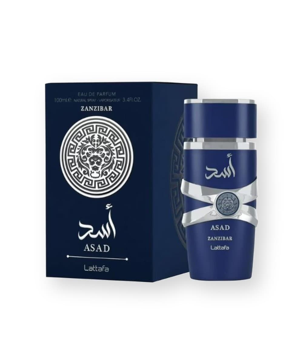 Lattafa Asad Zanzibar fragrance bottle, front view