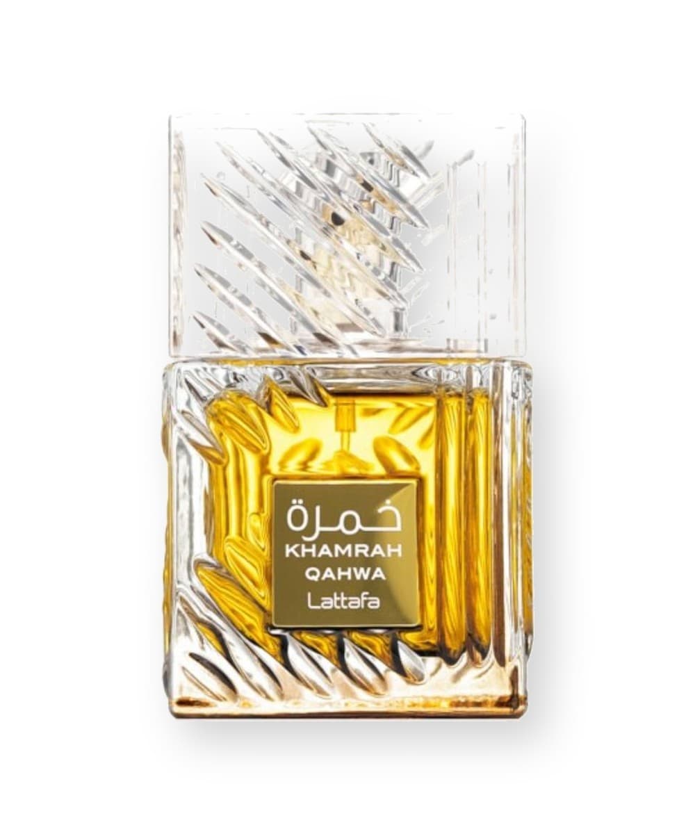 Lattafa Khamrah Qahwa fragrance bottle, front view
