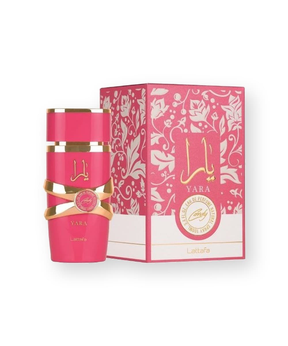Lattafa Yara Candy fragrance bottle, front view